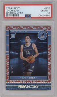 Zach Edey from the 2024-25 Panini NBA Hoops set featuring a Dragon Year parallel graded by PSA and given an overall grade of 10.