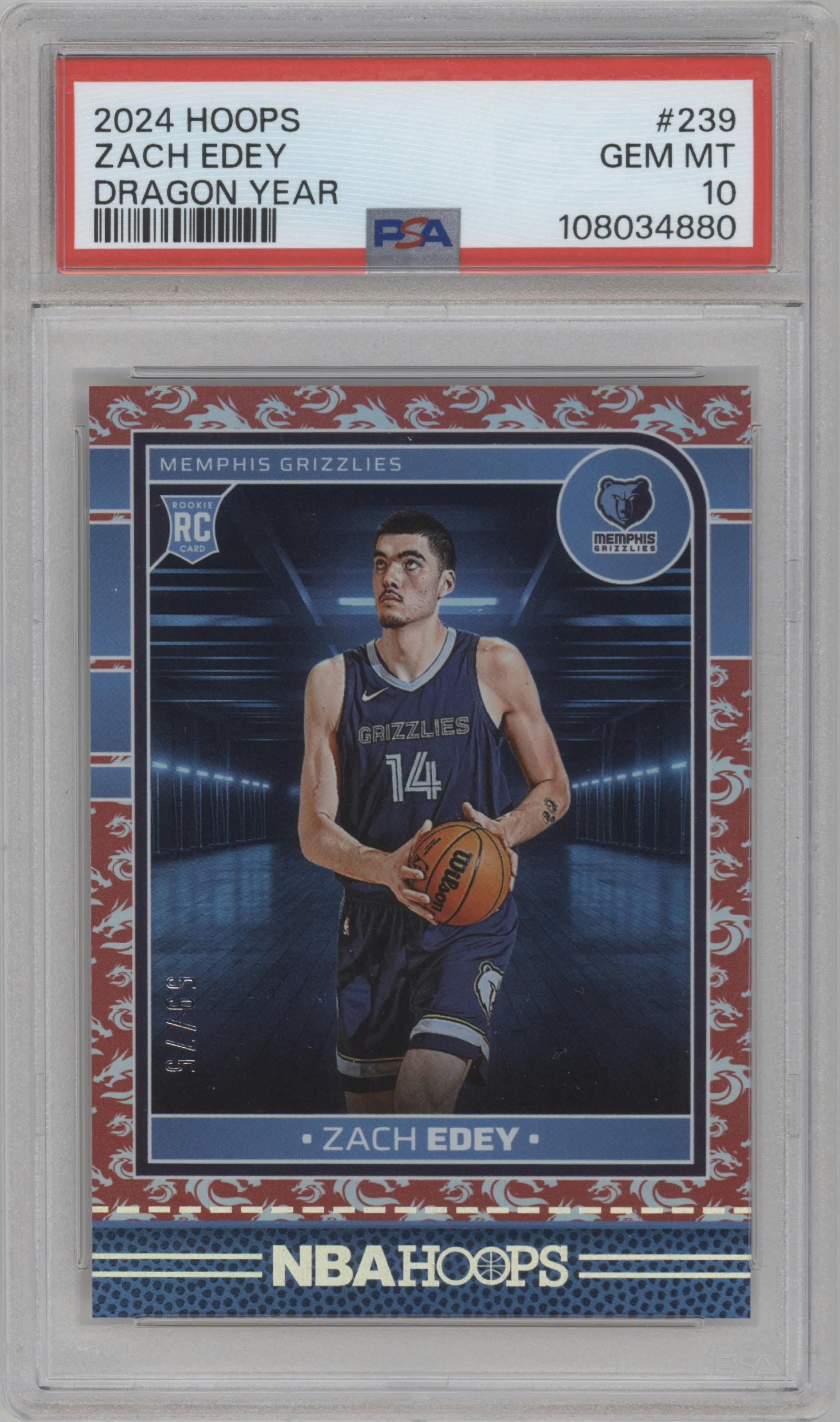 Zach Edey from the 2024-25 Panini NBA Hoops set featuring a Dragon Year parallel graded by PSA and given an overall grade of 10.