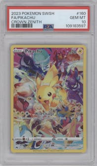 Pikachu  from the 2023 Pokemon SWSH set graded by PSA and given an overall grade of 10.