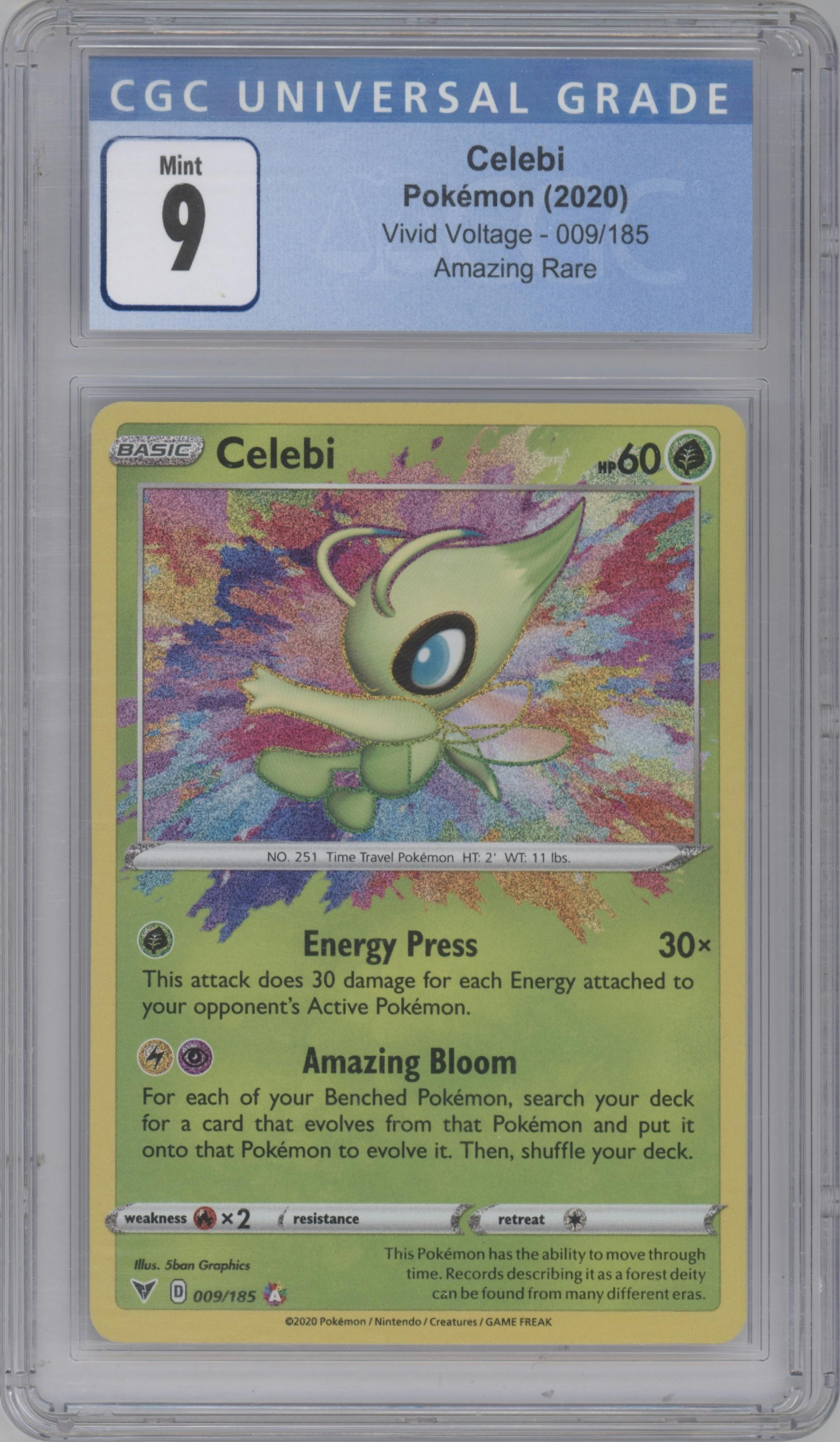 Celebi from the 2020 Pokemon SWSH set graded by CSG and given an overall grade of 9.