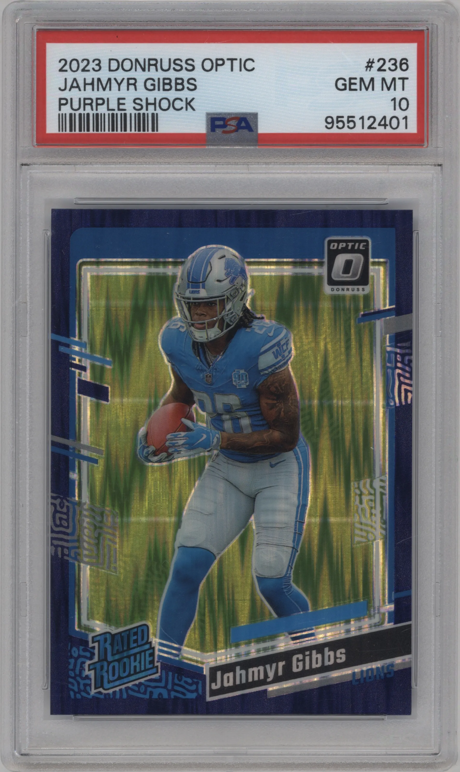 2023 Donruss Optic Rated Rookie Jahmyr Gibbs Purple Shock #236 PSA 10