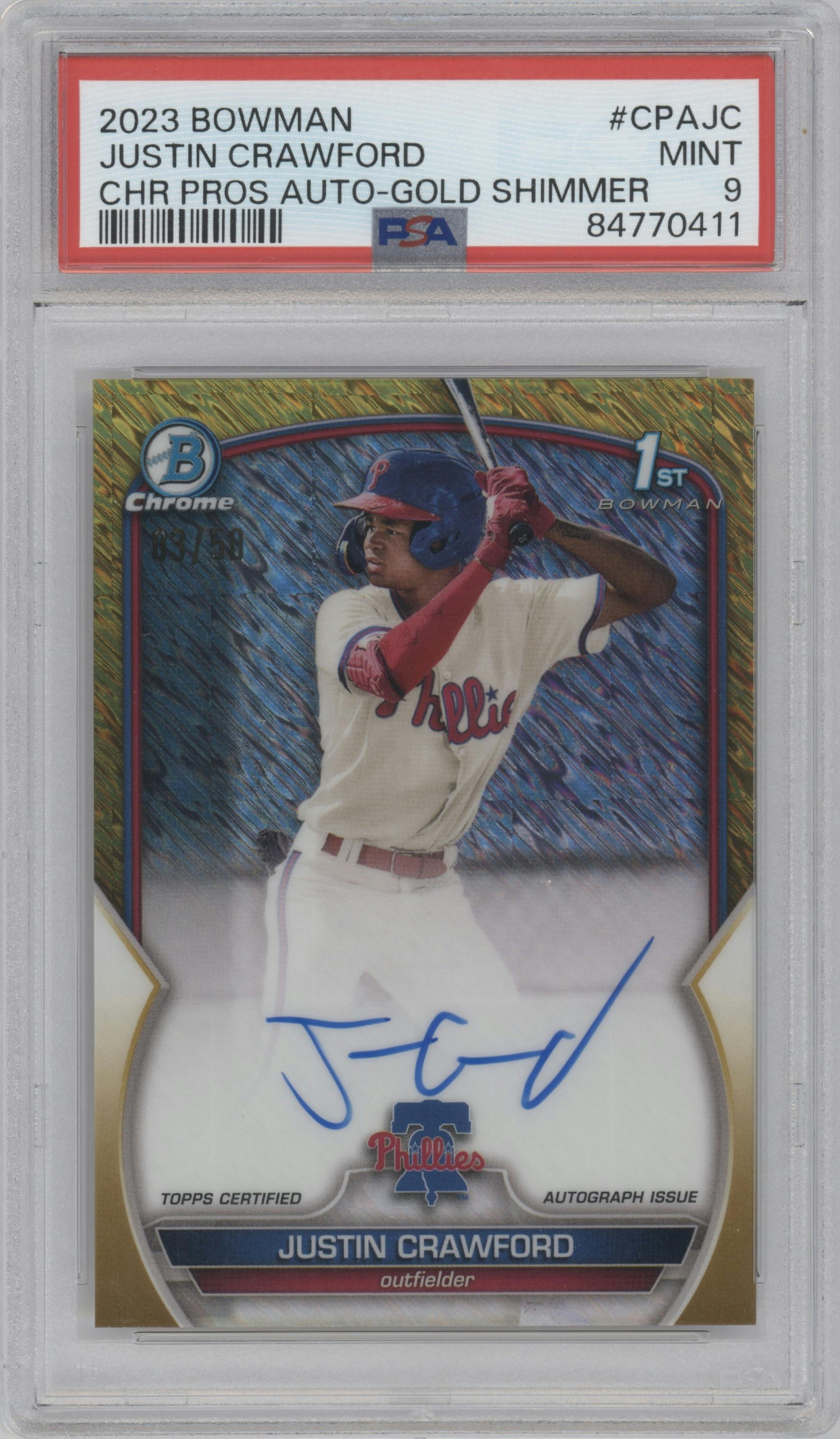 Justin Crawford from the 2023 Bowman  set featuring a Gold Shimmer Refractor parallel graded by PSA and given an overall grade of 9.