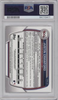 Justin Crawford from the 2023 Bowman  set featuring a Gold Shimmer Refractor parallel graded by PSA and given an overall grade of 9.