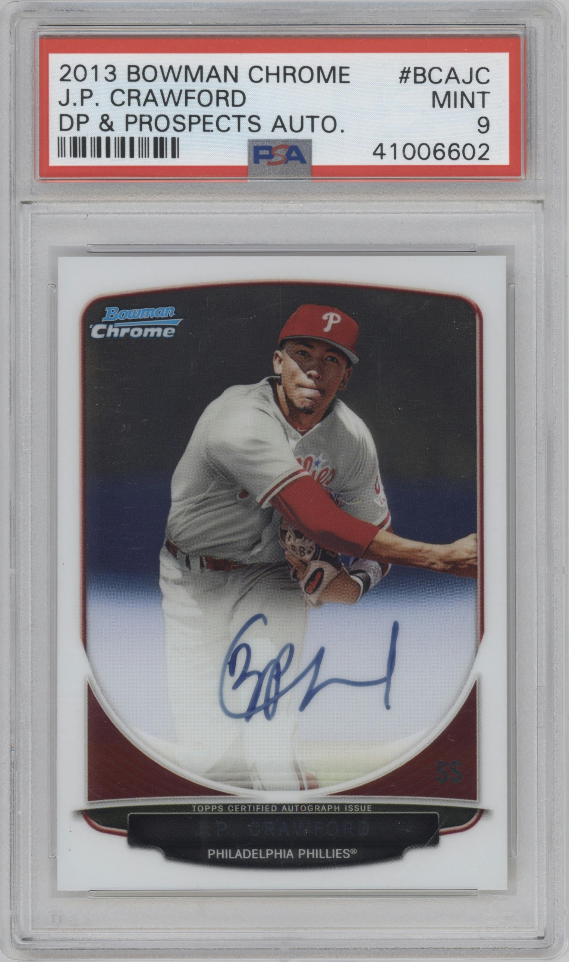 J.P. Crawford from the 2013 Bowman Draft Picks & Prospects set graded by PSA and given an overall grade of 9.