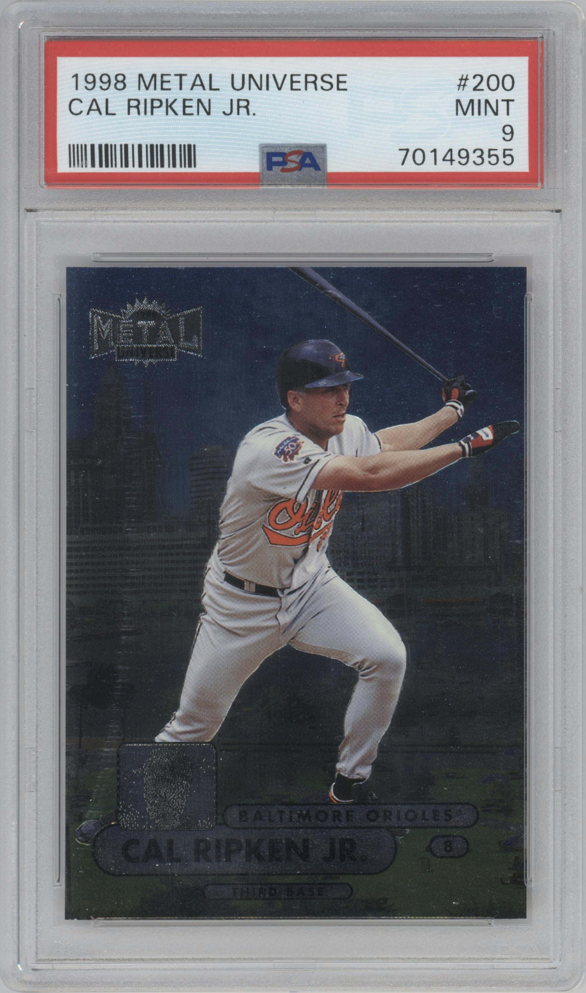 Cal Ripken Jr. from the 1998 Metal Universe set graded by PSA and given an overall grade of 9.