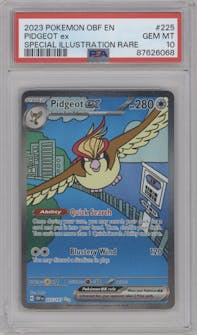 Pidgeot EX from the 2023 Pokemon SV set graded by PSA and given an overall grade of 10.