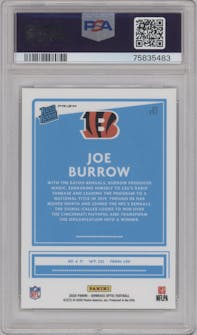 Joe Burrow from the 2020 Panini Donruss Optic set featuring a Holo parallel graded by PSA and given an overall grade of 9.