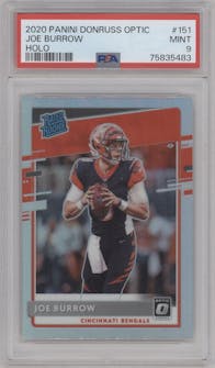Joe Burrow from the 2020 Panini Donruss Optic set featuring a Holo parallel graded by PSA and given an overall grade of 9.