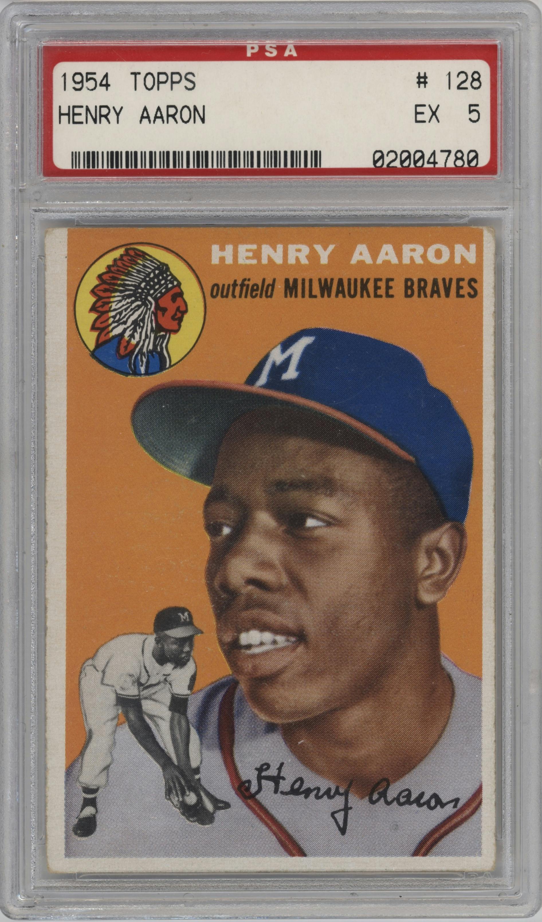 Henry Aaron from the 1954 Topps set graded by PSA and given an overall grade of 5.