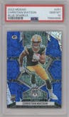 Christian Watson from the 2022 Panini Mosaic set featuring a Blue Sparkle parallel graded by PSA and given an overall grade of 10.