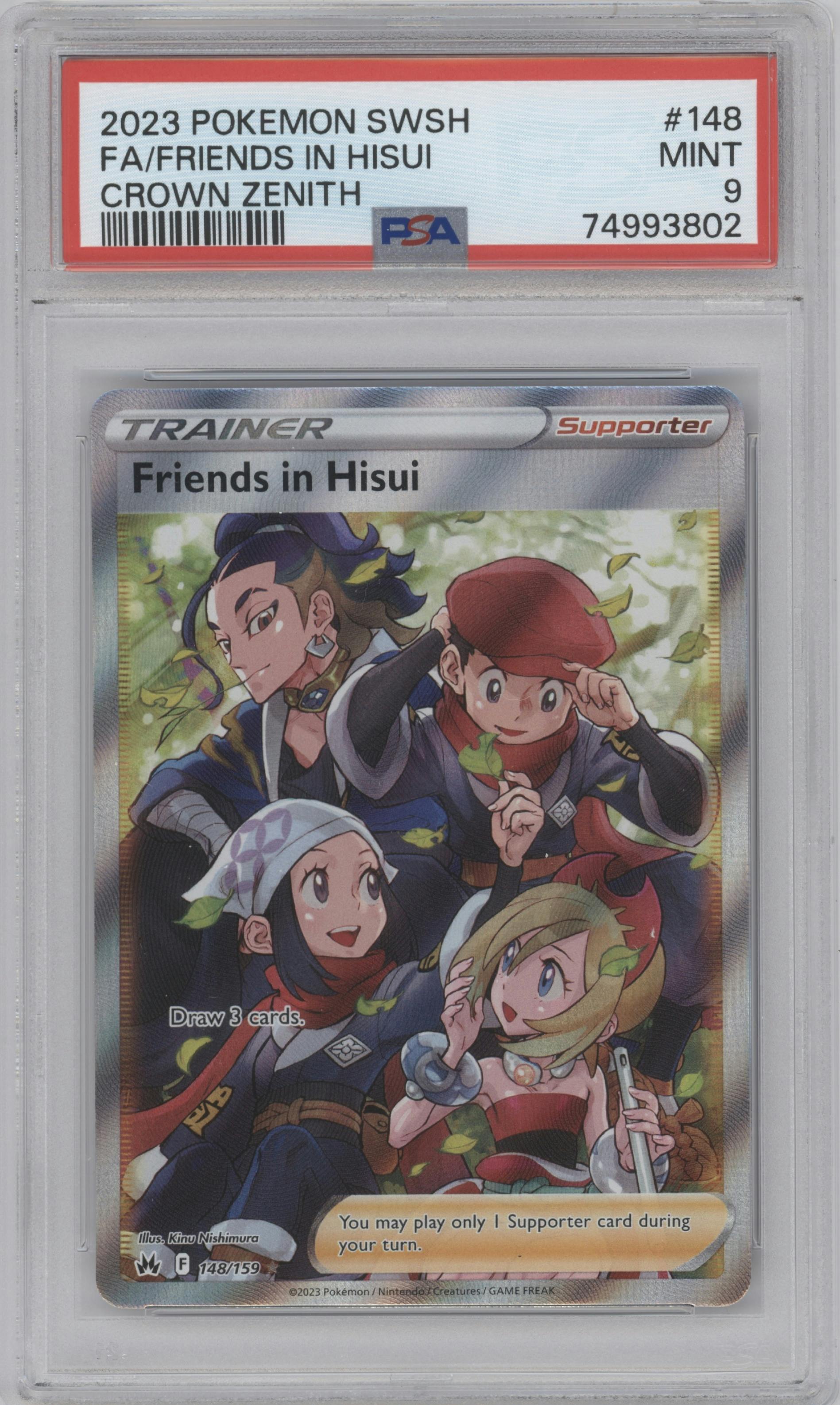 Friends in Hisui from the 2023 Pokemon SWSH set graded by PSA and given an overall grade of 9.