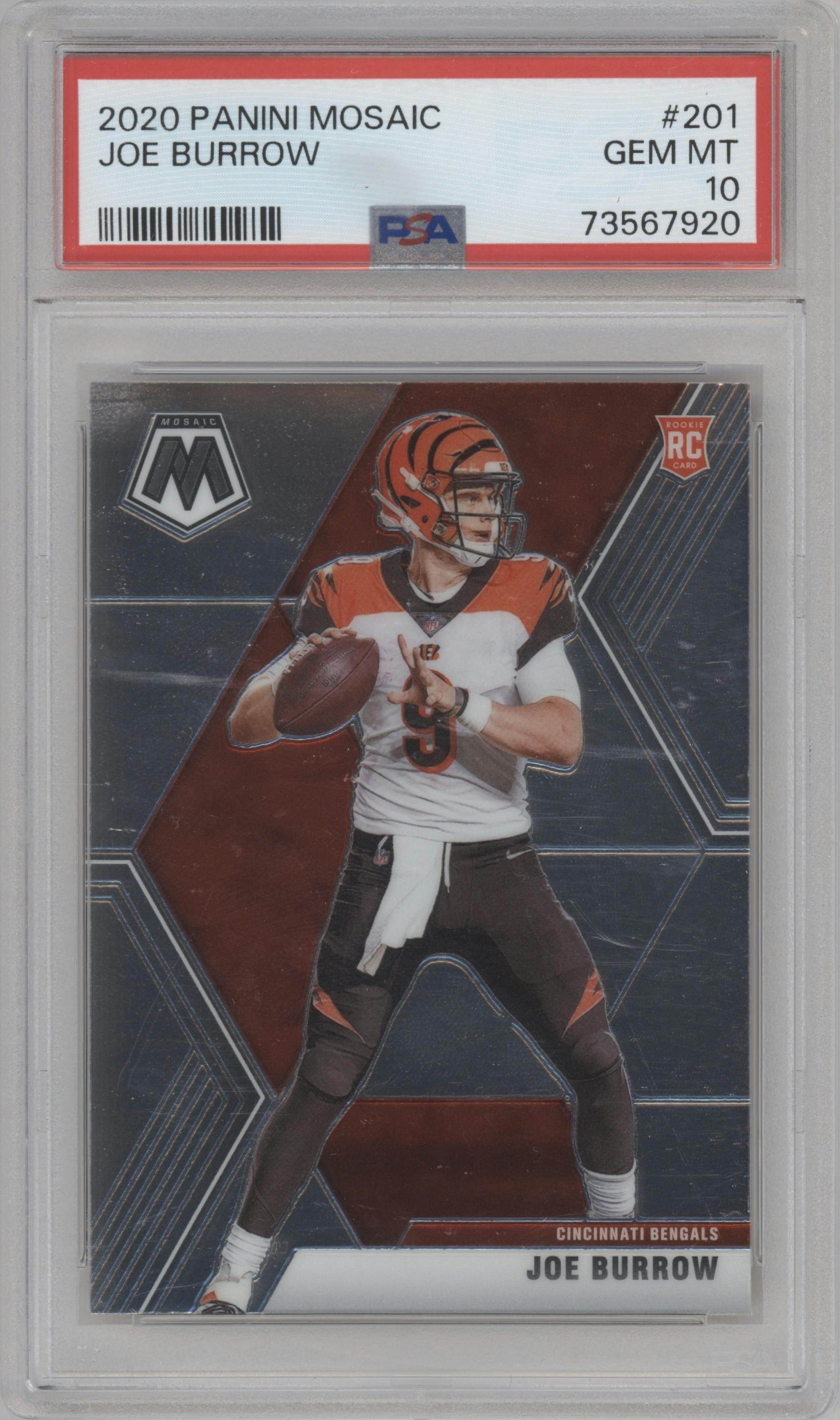 Joe Burrow from the 2020 Panini Mosaic set graded by PSA and given an overall grade of 10.