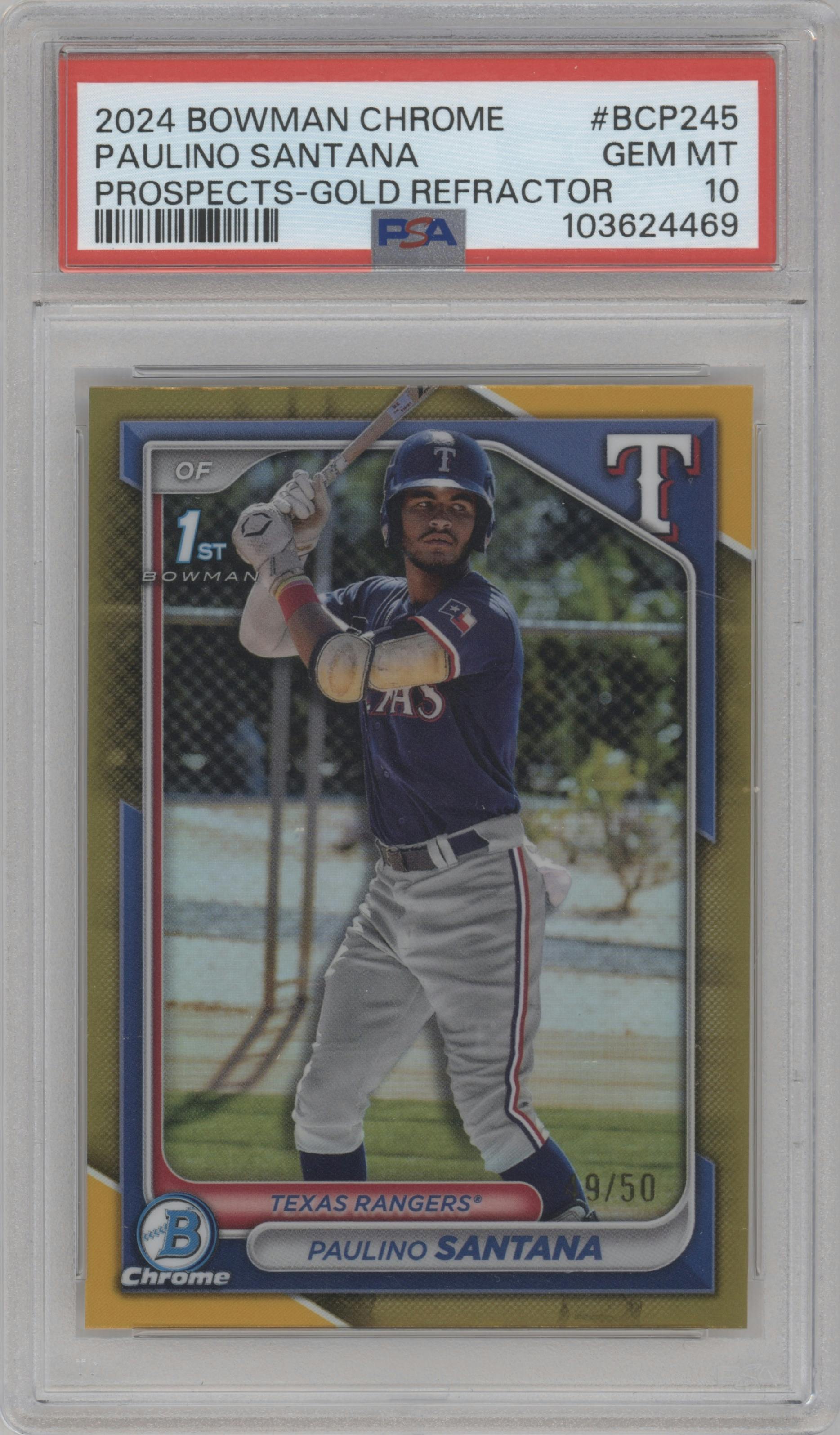 Paulino Santana from the 2024 Bowman Chrome set featuring a Gold Refractor parallel graded by PSA and given an overall grade of 10.