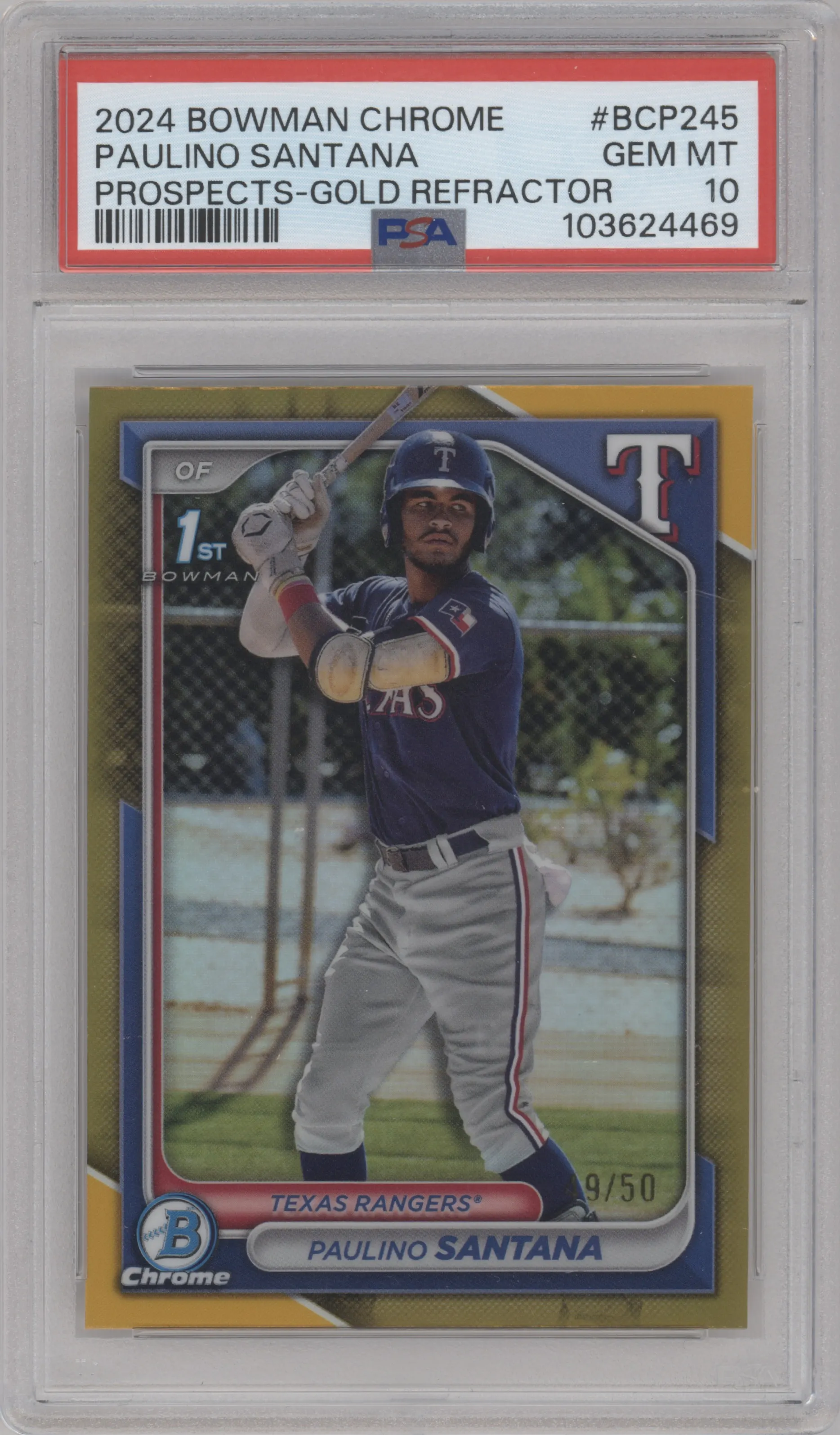2024 Bowman Chrome Chr.Pros. Paulino Santana Gold Refractor PSA 10