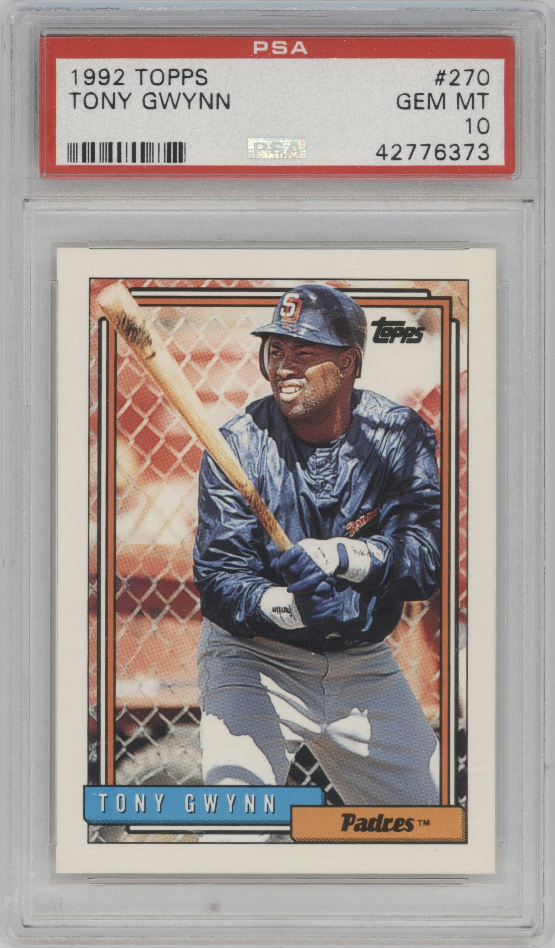 Tony Gwynn from the 1992 Topps set graded by PSA and given an overall grade of 10.