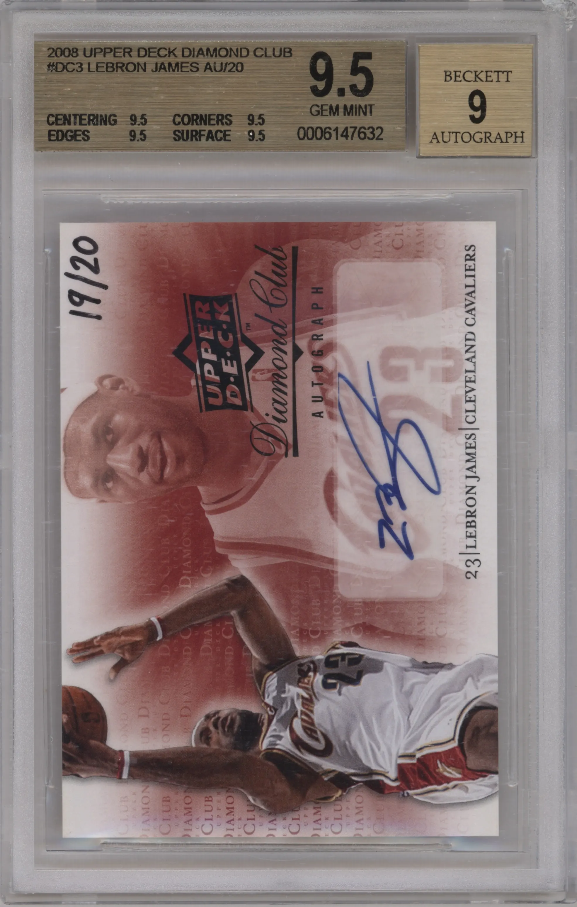 LeBron James from the 2008 Upper Deck Diamond Club Autographs set graded by Beckett and given an overall grade of 9.5.