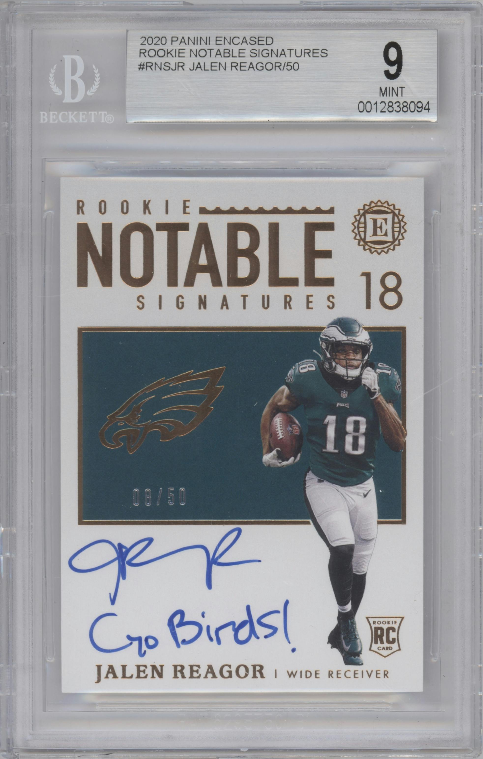 Jalen Reagor from the 2020 Panini Encased set graded by Beckett and given an overall grade of 9.
