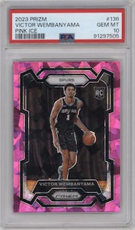 Victor Wembanyama from the 2023-24 Panini Prizm set featuring a Pink Ice parallel graded by PSA and given an overall grade of 10.