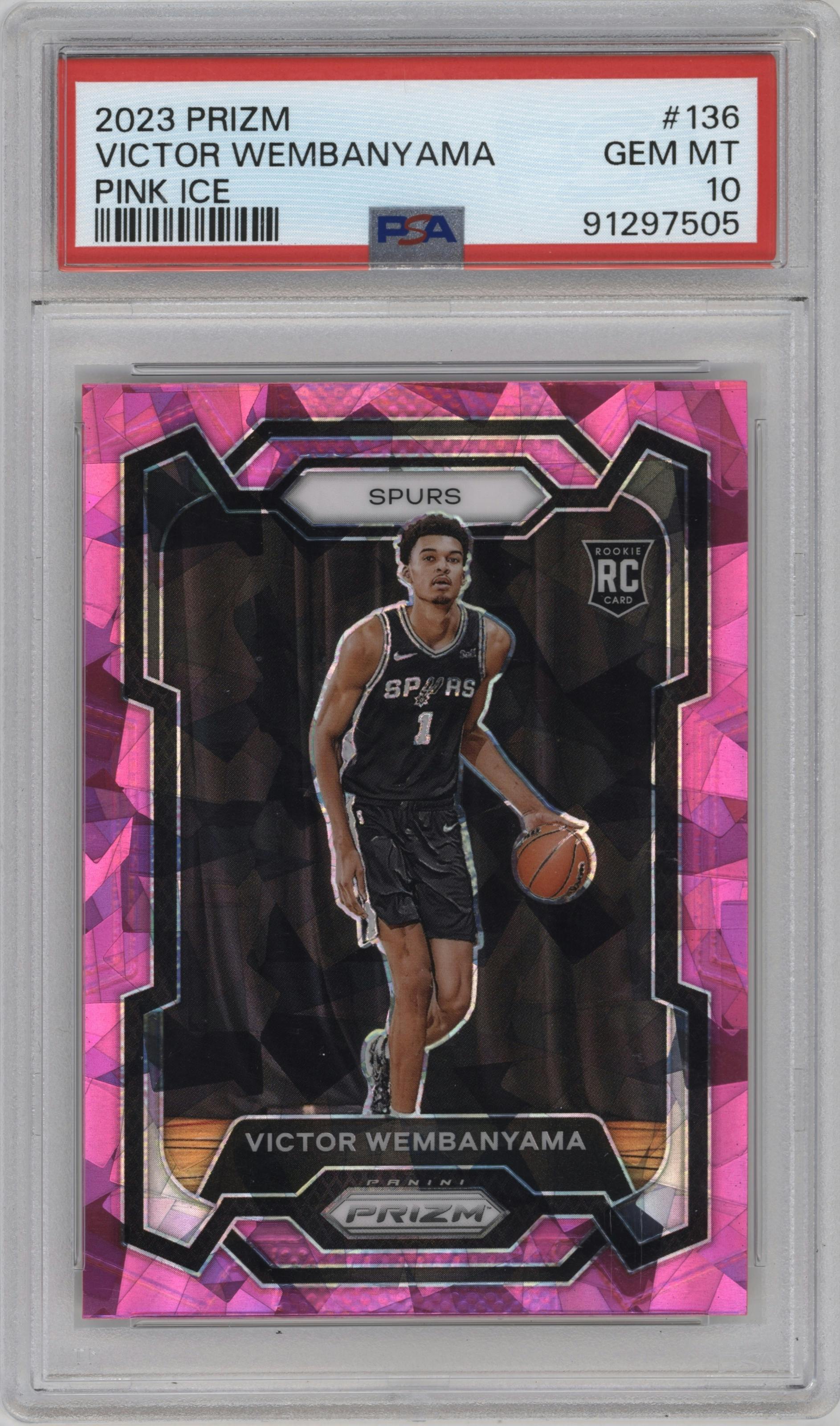 Victor Wembanyama from the 2023-24 Panini Prizm set featuring a Pink Ice parallel graded by PSA and given an overall grade of 10.
