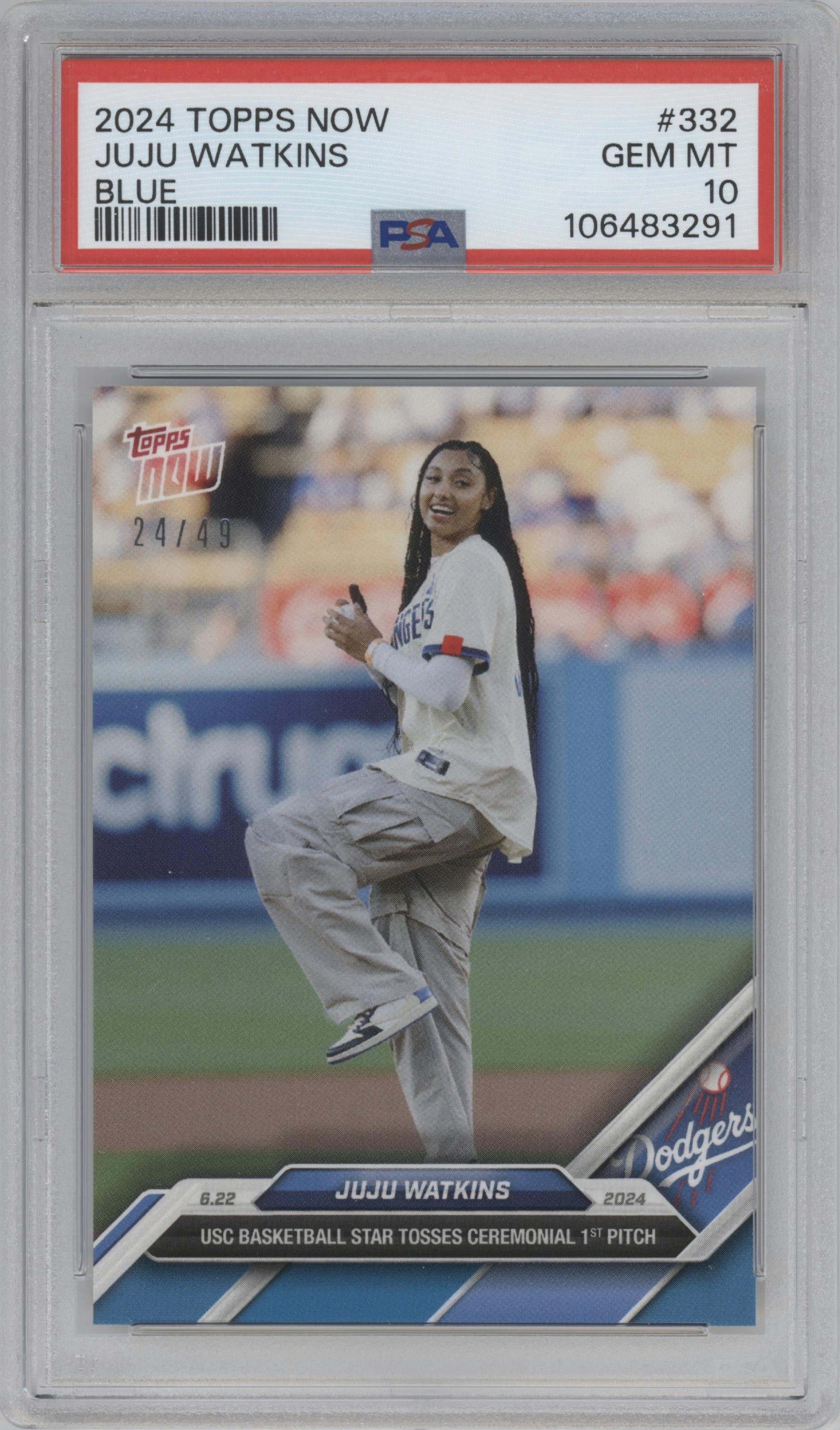 JuJu Watkins from the 2024 Topps Now set featuring a Blue parallel graded by PSA and given an overall grade of 10.