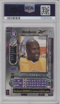 Shaquille O'Neal from the 1997-98 Metal Universe set featuring a Gold parallel graded by PSA and given an overall grade of 9.