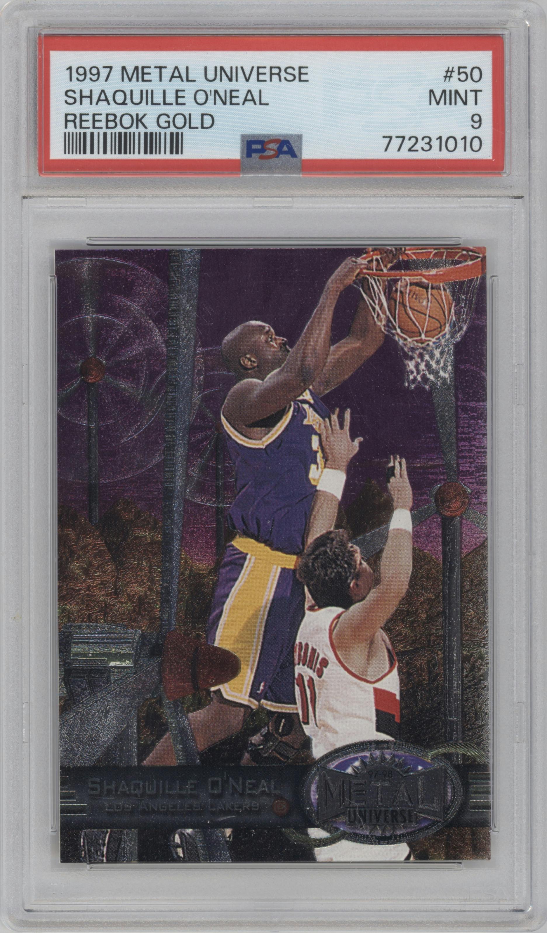 Shaquille O'Neal from the 1997-98 Metal Universe set featuring a Gold parallel graded by PSA and given an overall grade of 9.