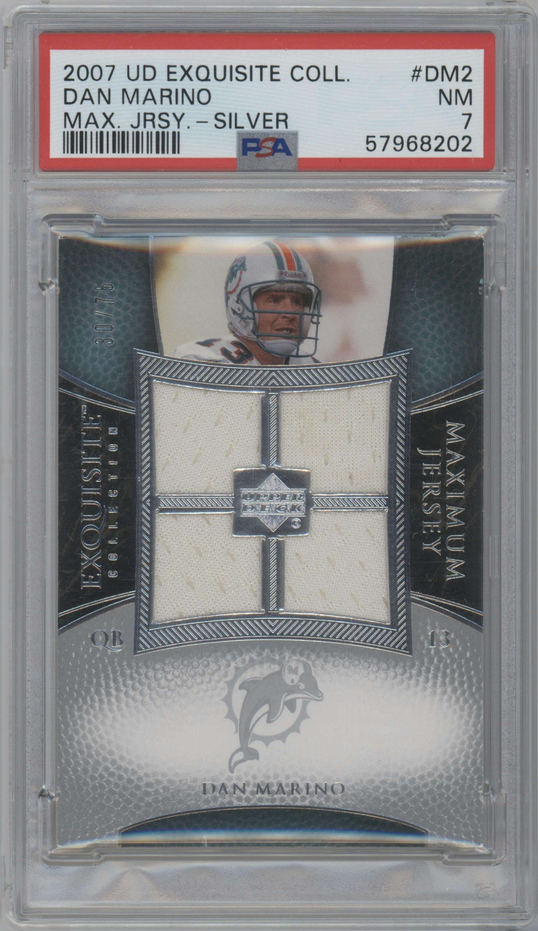 Dan Marino from the 2007 Upper Deck Exquisite Collection set featuring a Silver  parallel graded by PSA and given an overall grade of 7.