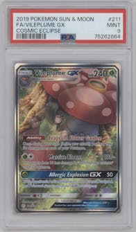 Vileplume GX from the 2019 Pokemon S&M  set graded by PSA and given an overall grade of 9.