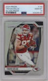 Travis Kelce from the 2024 Panini Prizm set featuring a Silver Prizm parallel graded by PSA and given an overall grade of 10.