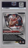 Travis Kelce from the 2024 Panini Prizm set featuring a Silver Prizm parallel graded by PSA and given an overall grade of 10.