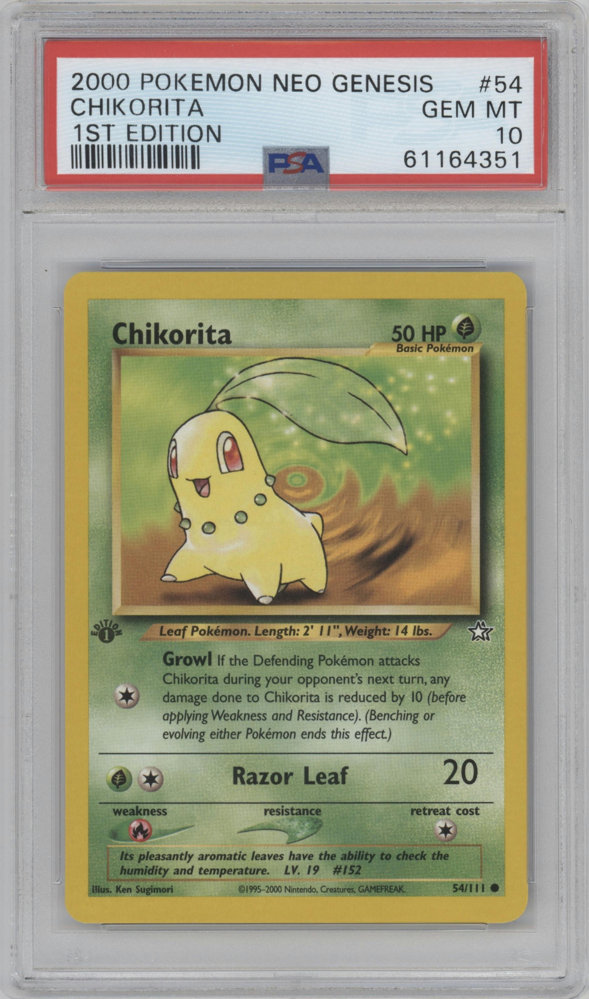 Chikorita from the 2000 Pokemon Neo Genesis set graded by PSA and given an overall grade of 10.