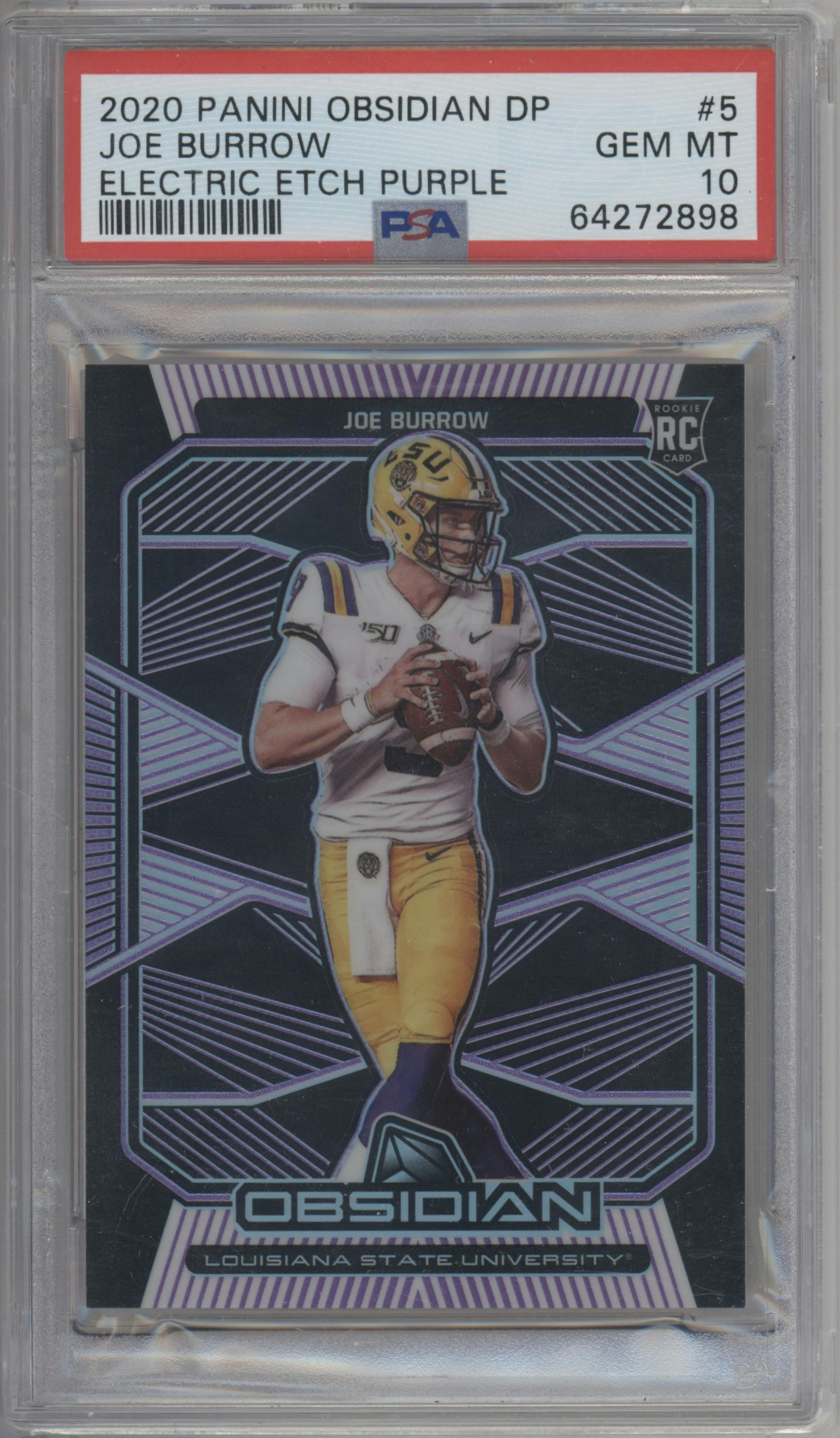 Joe Burrow from the 2020 Panini Obsidian Draft Picks set featuring a Electric Etch Purple parallel graded by PSA and given an overall grade of 10.