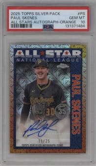 Paul Skenes from the 2025 Topps set featuring a Orange Refractor parallel graded by PSA and given an overall grade of 10.