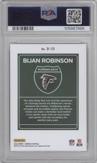 Bijan Robinson from the 2023 Panini Donruss set graded by PSA and given an overall grade of 10.