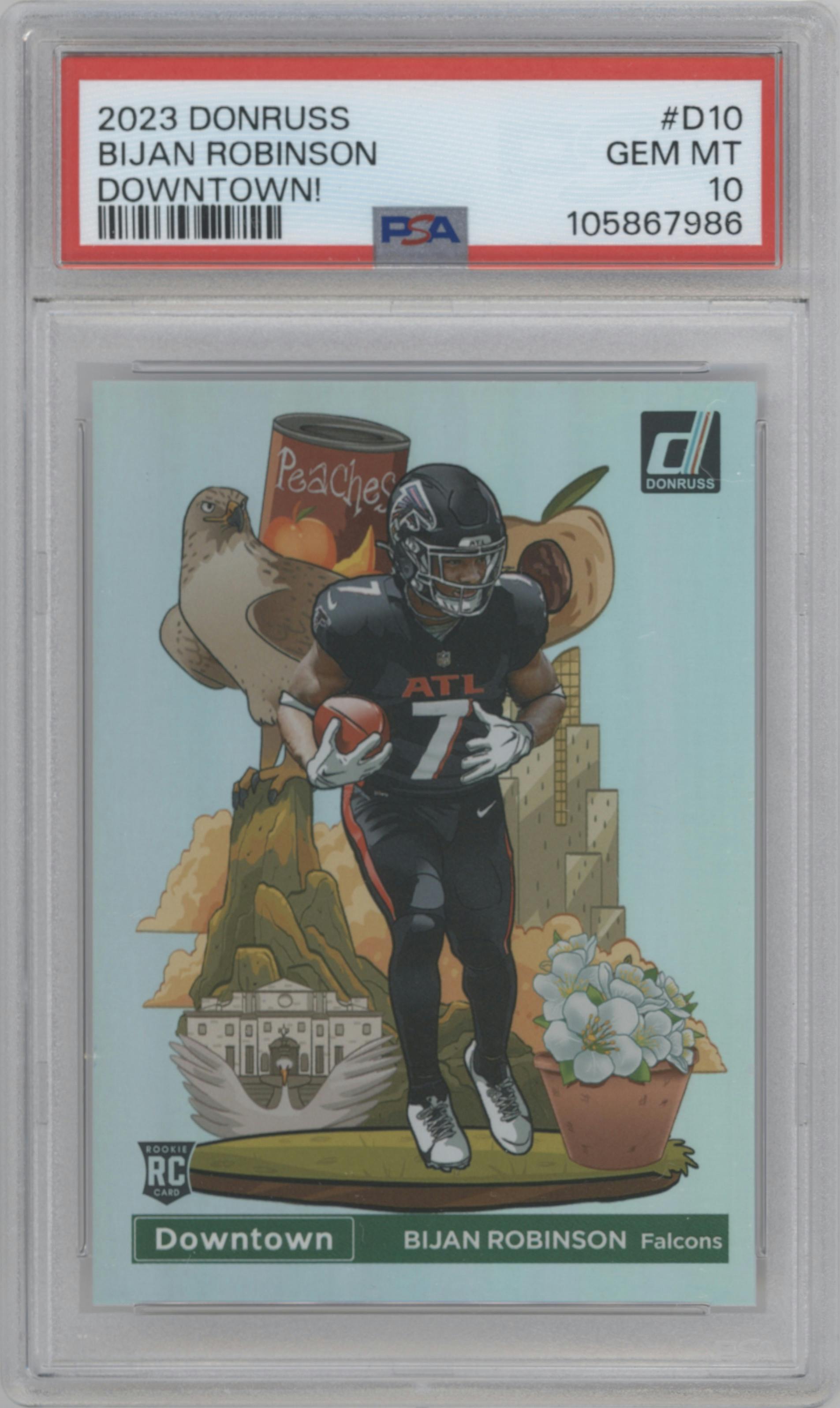 Bijan Robinson from the 2023 Panini Donruss set graded by PSA and given an overall grade of 10.