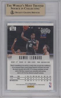 Kawhi Leonard from the 2012-13 Panini Prizm set featuring a Green Prizm parallel graded by Beckett and given an overall grade of 9.5.