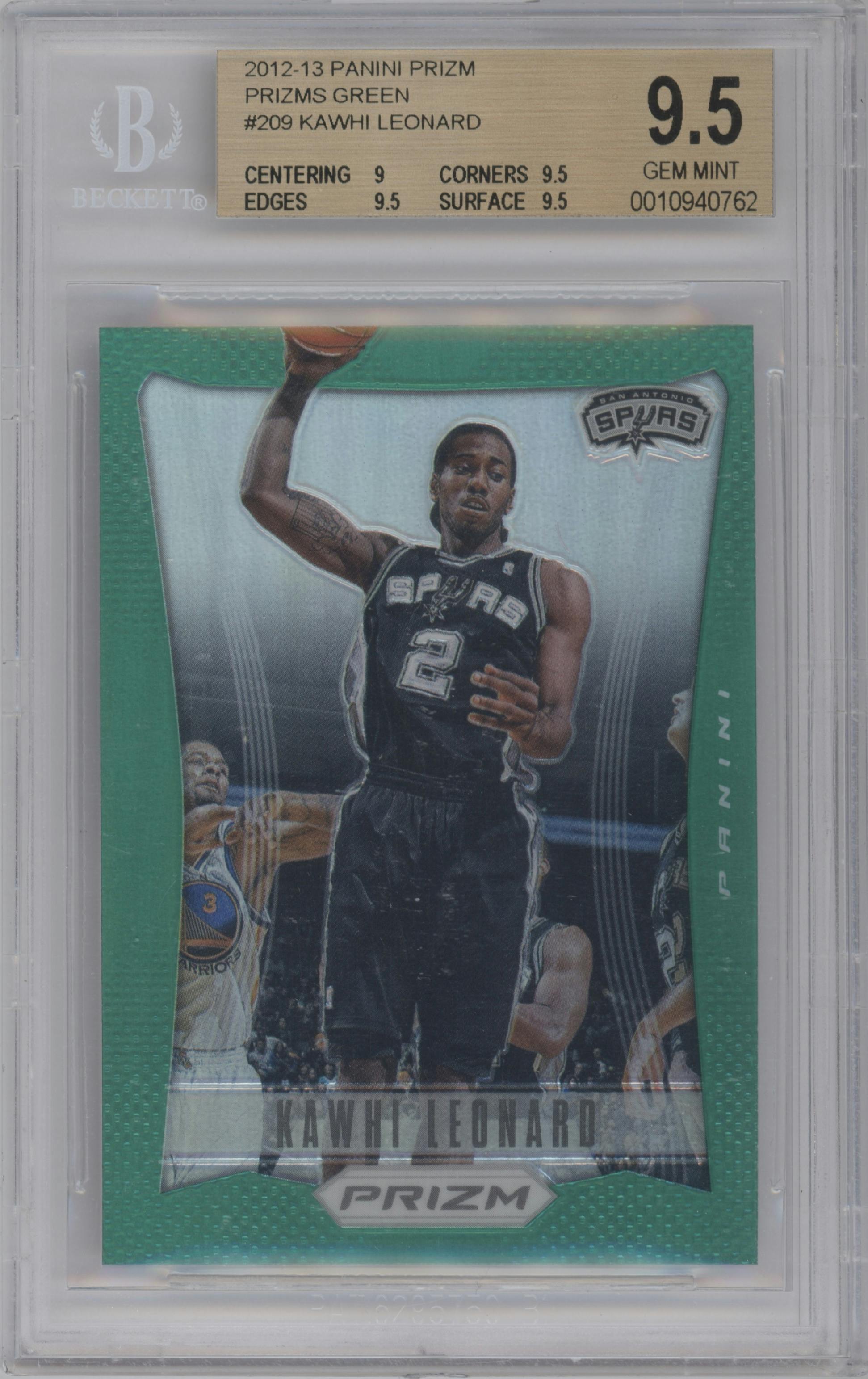 Kawhi Leonard from the 2012-13 Panini Prizm set featuring a Green Prizm parallel graded by Beckett and given an overall grade of 9.5.