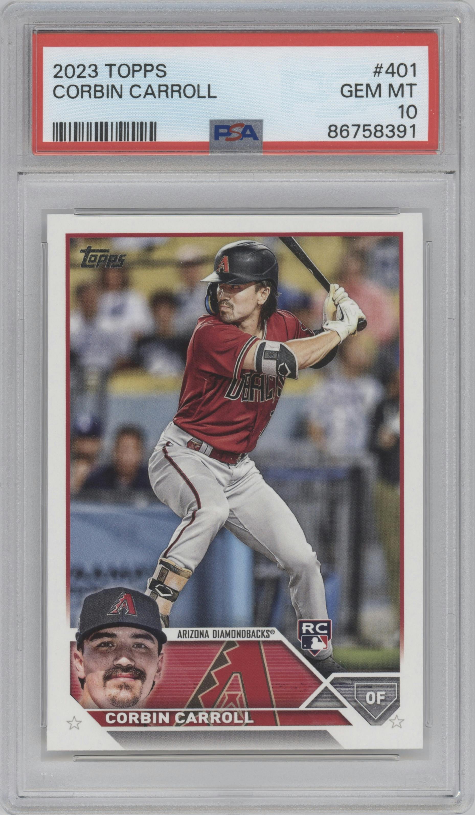 Corbin Carroll from the 2023 Topps Series 2 set graded by PSA and given an overall grade of 10.