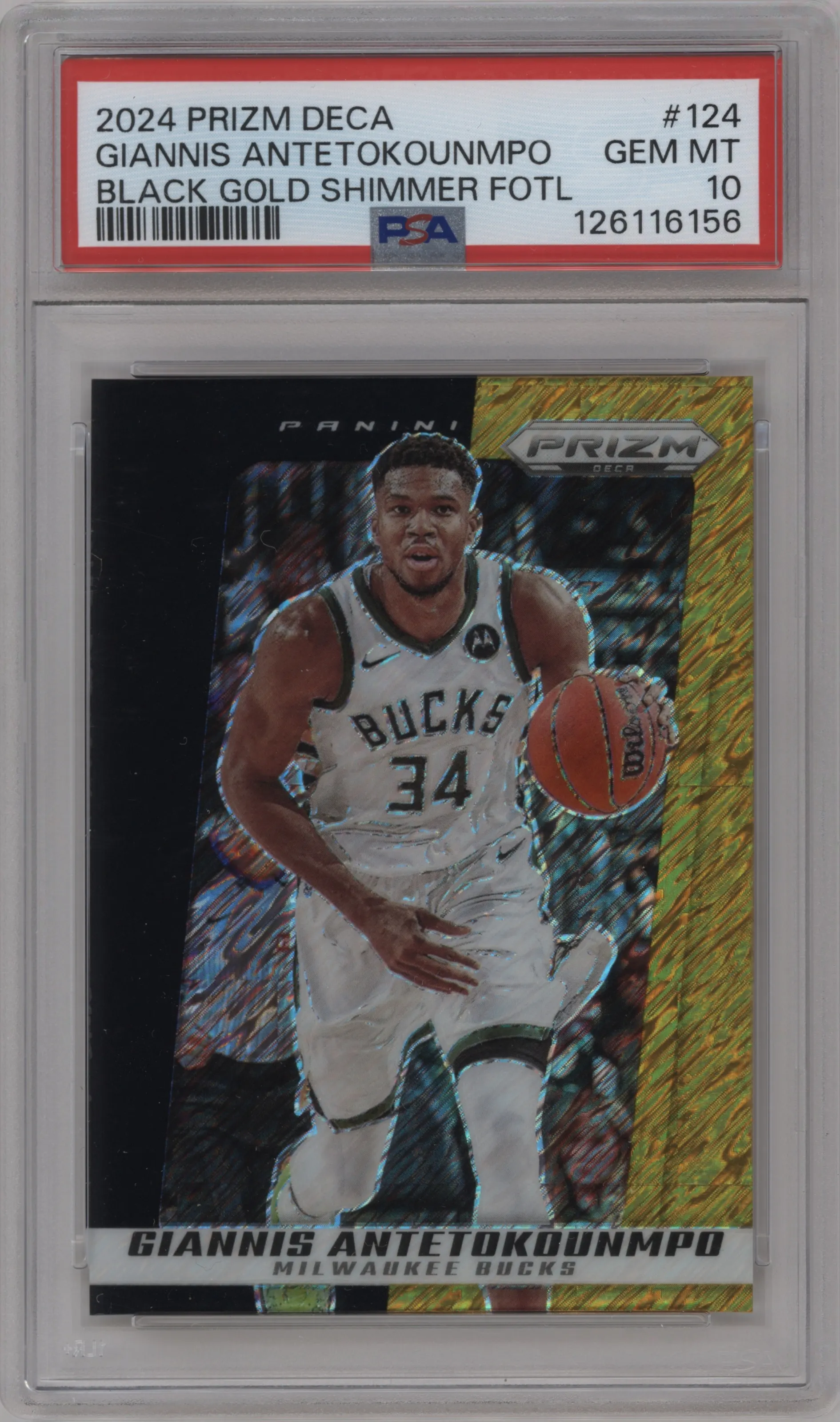 2024 Panini Prizm Deca Giannis Antetokounmpo Black/Gold Shimmer FOTL #124 PSA 10