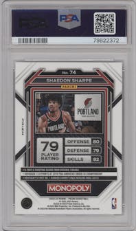 Shaedon Sharpe from the 2022-23 Panini Prizm Monopoly set featuring a Running Mr. Monopoly parallel graded by PSA and given an overall grade of 10.