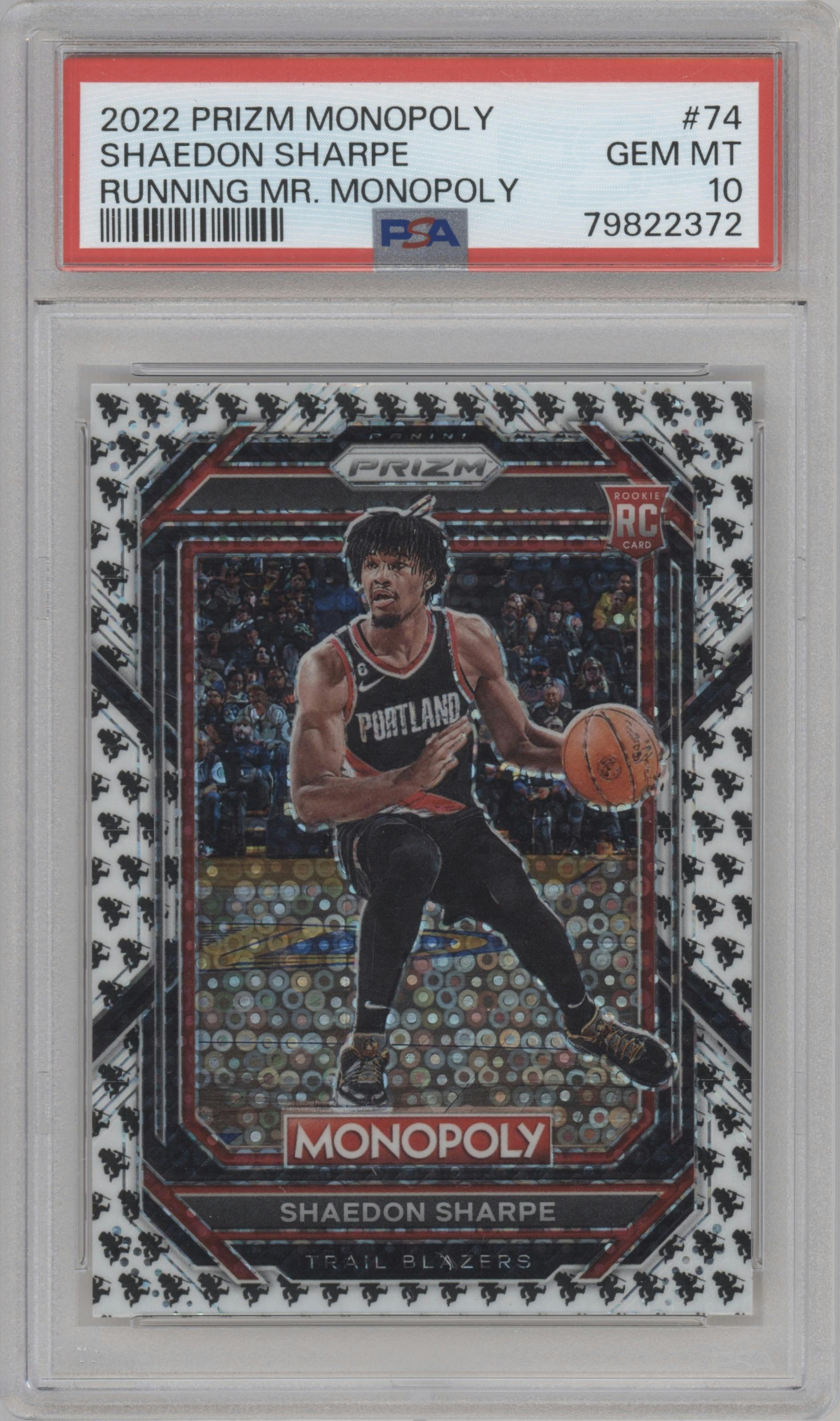 Shaedon Sharpe from the 2022-23 Panini Prizm Monopoly set featuring a Running Mr. Monopoly parallel graded by PSA and given an overall grade of 10.