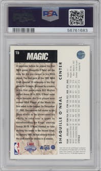 Shaquille O'Neal from the 1992-93 Upper Deck  set featuring a Trade Card parallel graded by PSA and given an overall grade of 9.