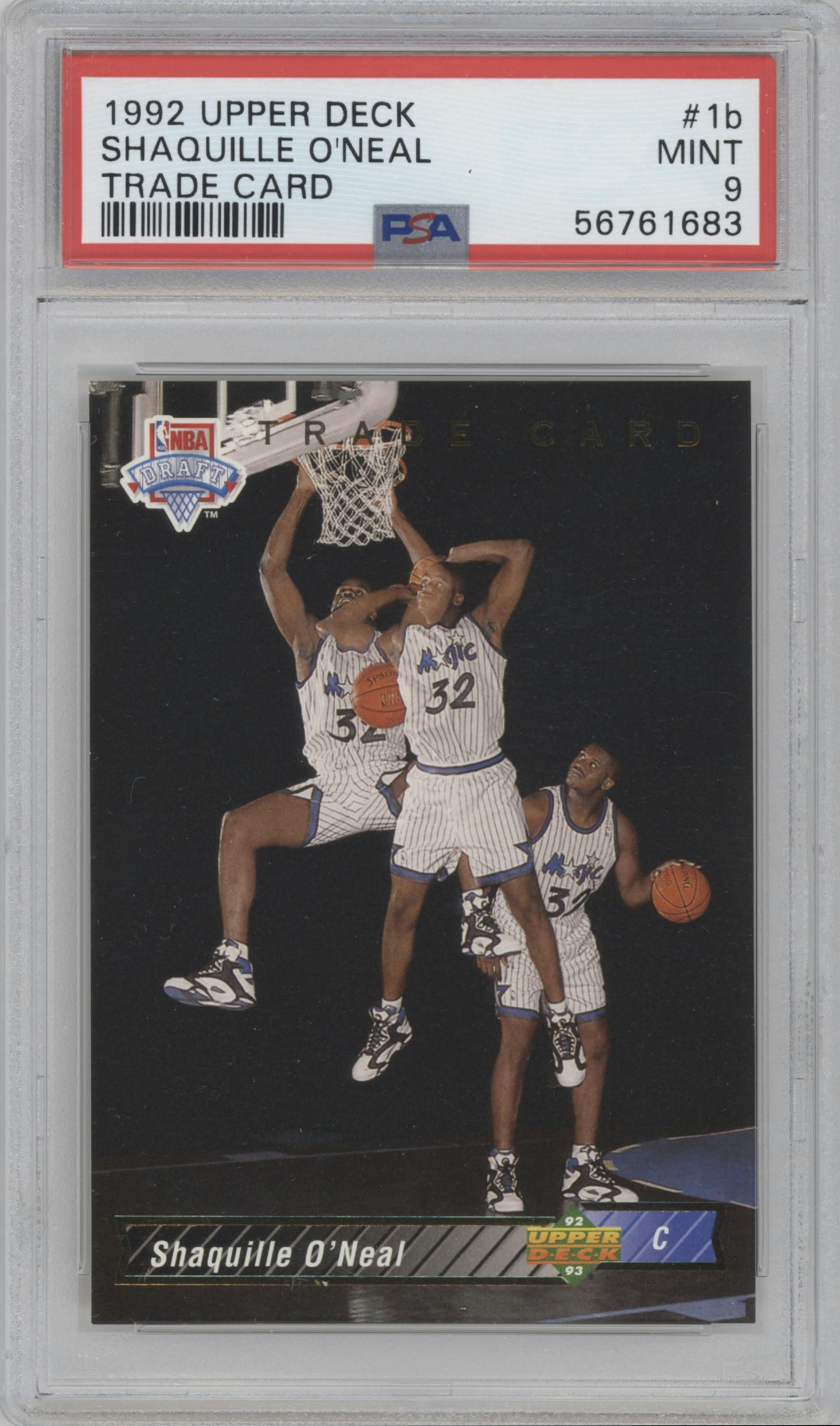Shaquille O'Neal from the 1992-93 Upper Deck  set featuring a Trade Card parallel graded by PSA and given an overall grade of 9.