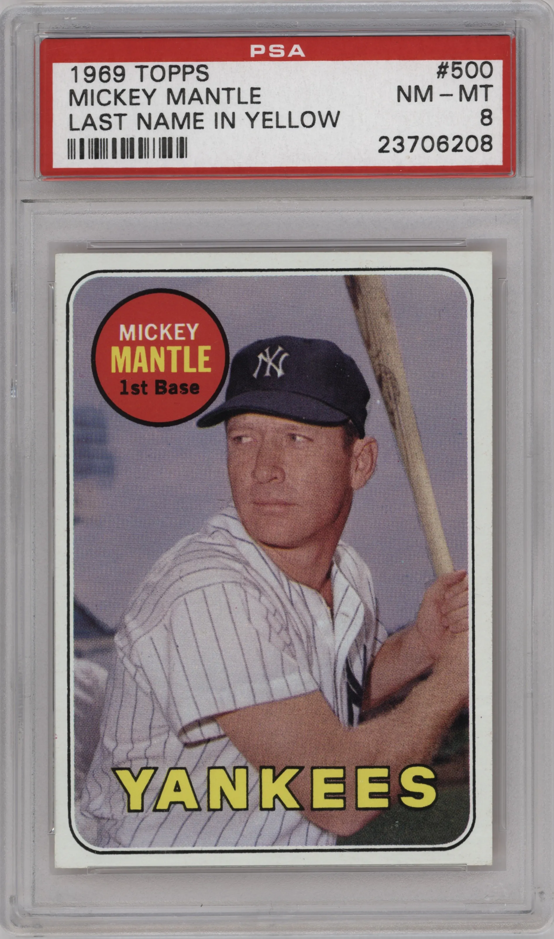 1969 Topps Mickey Mantle Last Name in Yellow #500 PSA 8