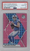 Matthew Stafford from the 2020 Panini Mosaic set featuring a Pink Fluorescent parallel graded by PSA and given an overall grade of 10.