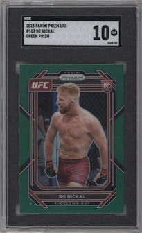 Bo Nickal from the 2023 Panini Prizm UFC set featuring a Green Prizm parallel graded by SGC and given an overall grade of 10.