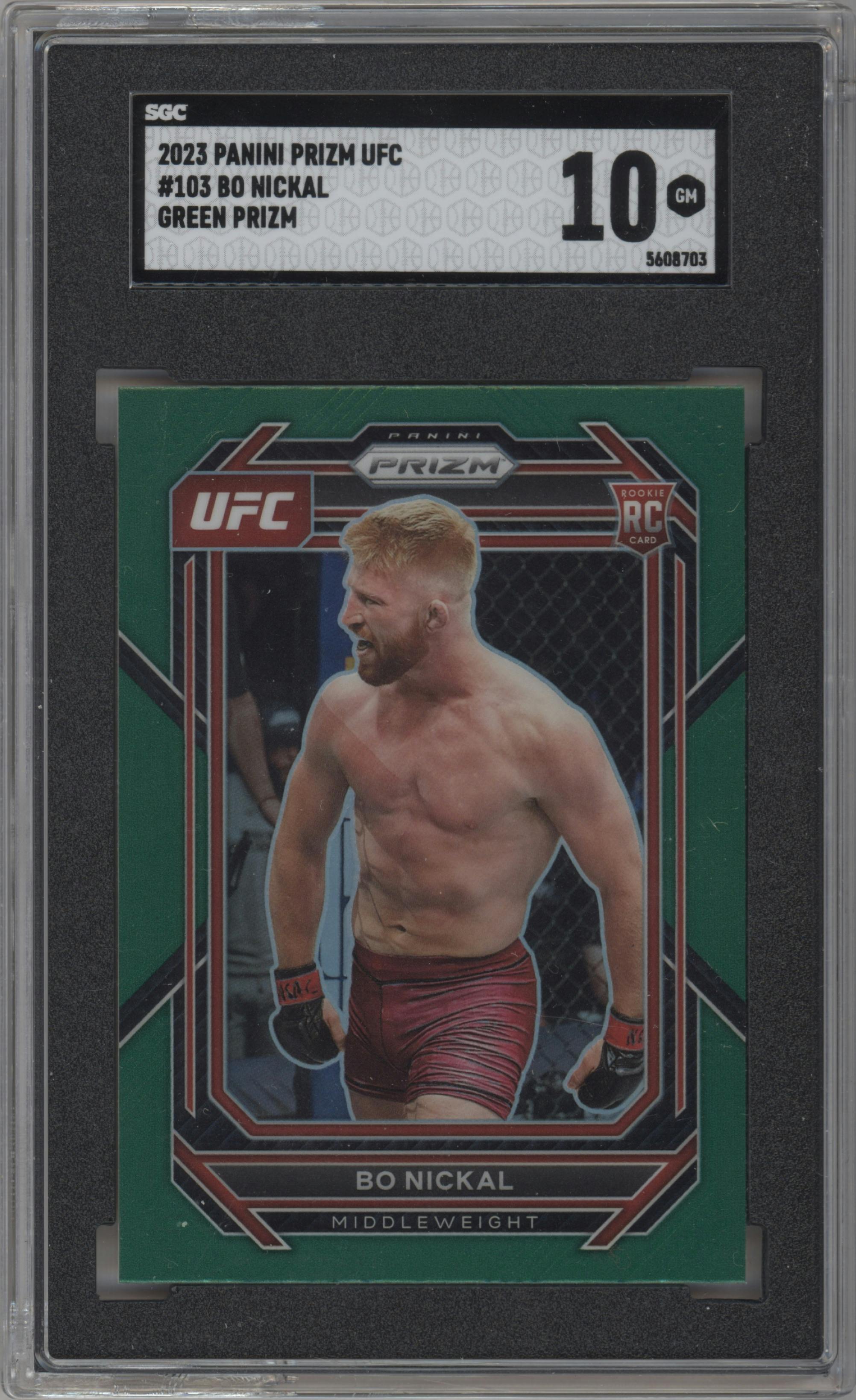 Bo Nickal from the 2023 Panini Prizm UFC set featuring a Green Prizm parallel graded by SGC and given an overall grade of 10.