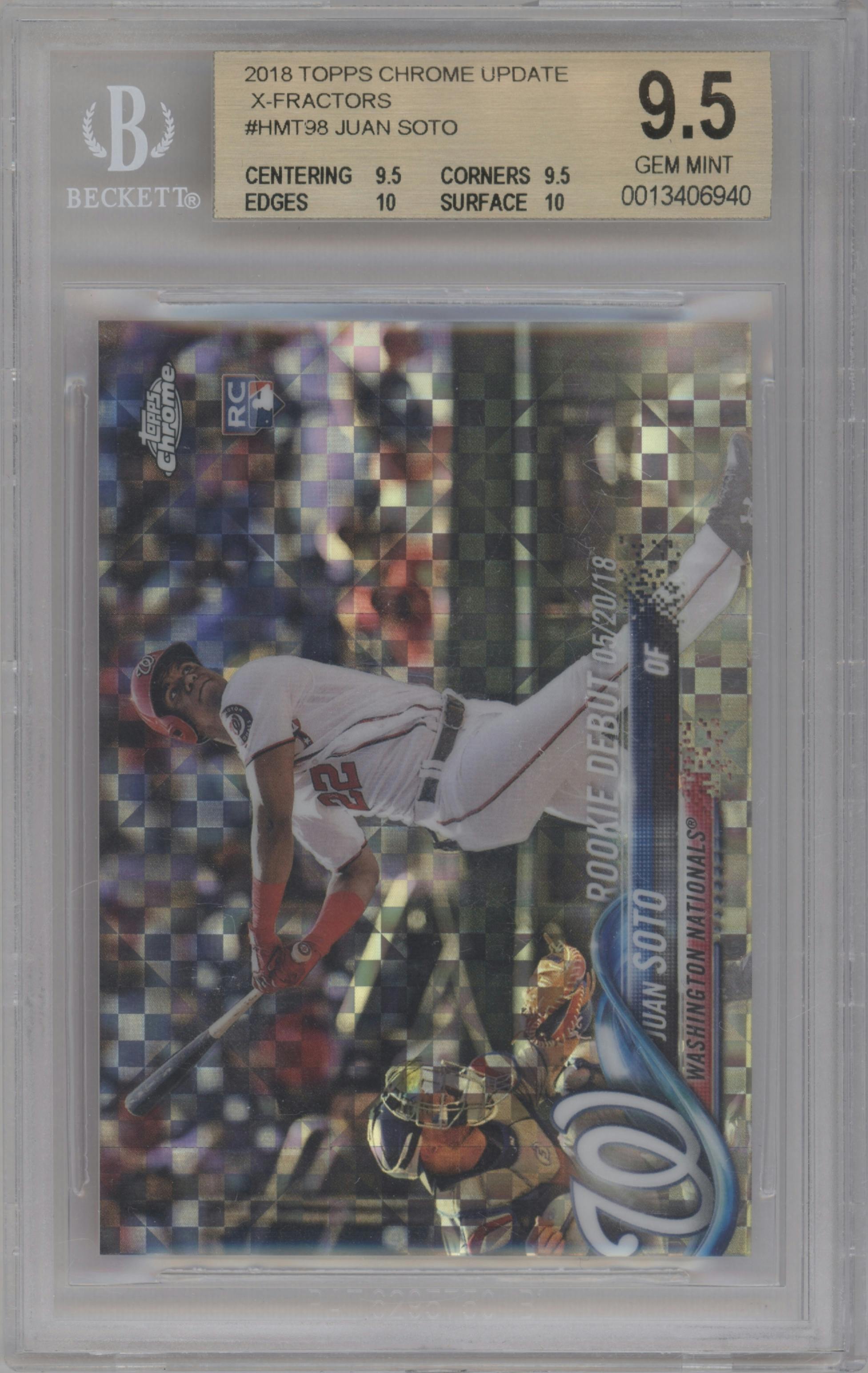 Juan Soto from the 2018 Topps Chrome Update  set featuring a X-Fractor parallel graded by Beckett and given an overall grade of 9.5.