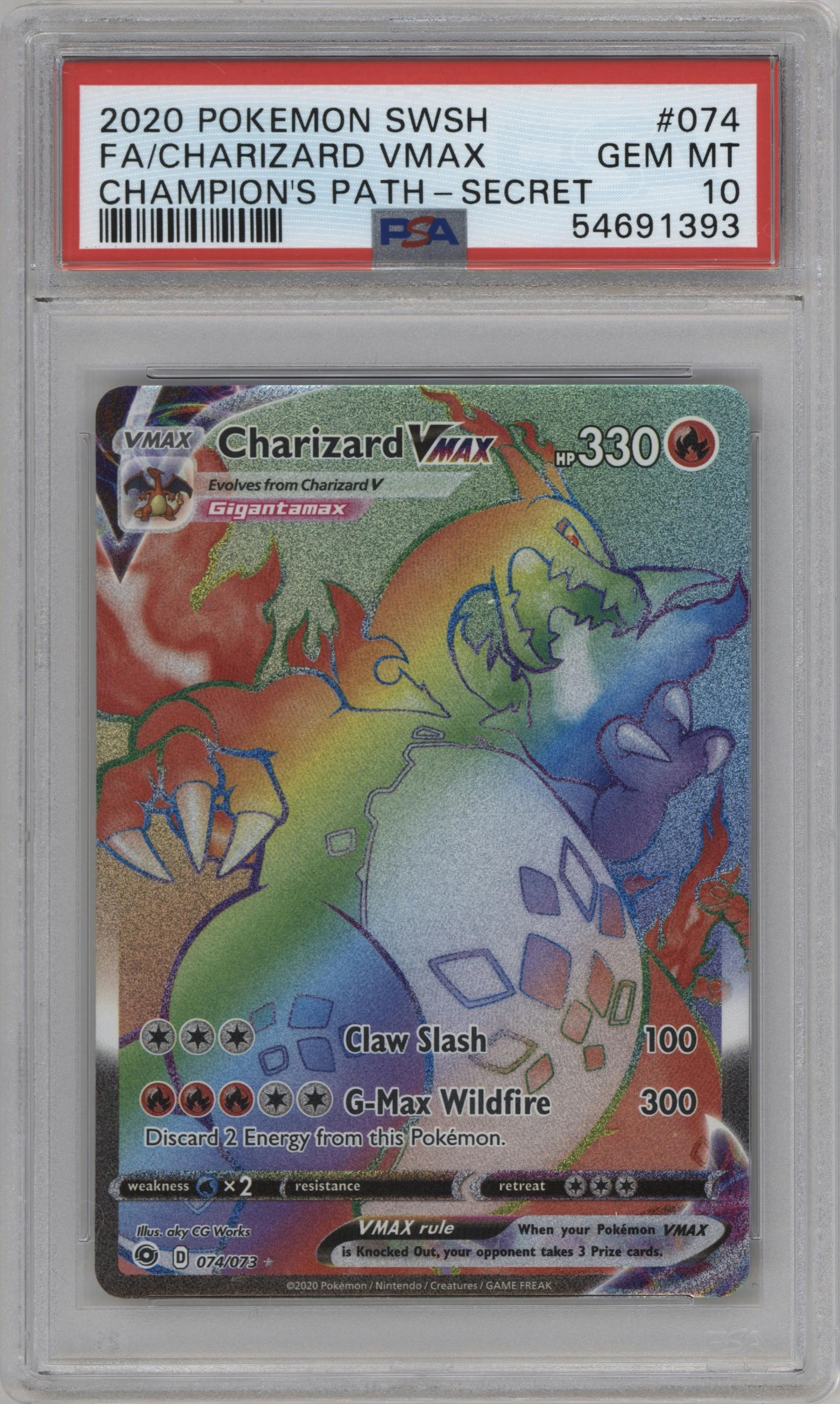 Charizard VMAX from the 2020 Pokemon SWSH set graded by PSA and given an overall grade of 10.