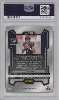 C.J. Stroud from the 2023 Panini Prizm set graded by PSA and given an overall grade of 10.